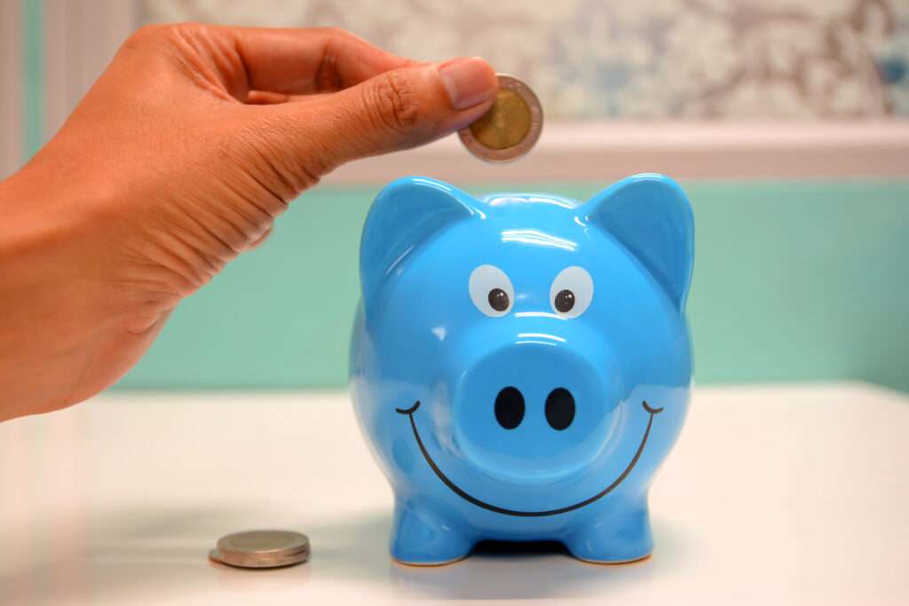 Person putting coin in a piggy bank