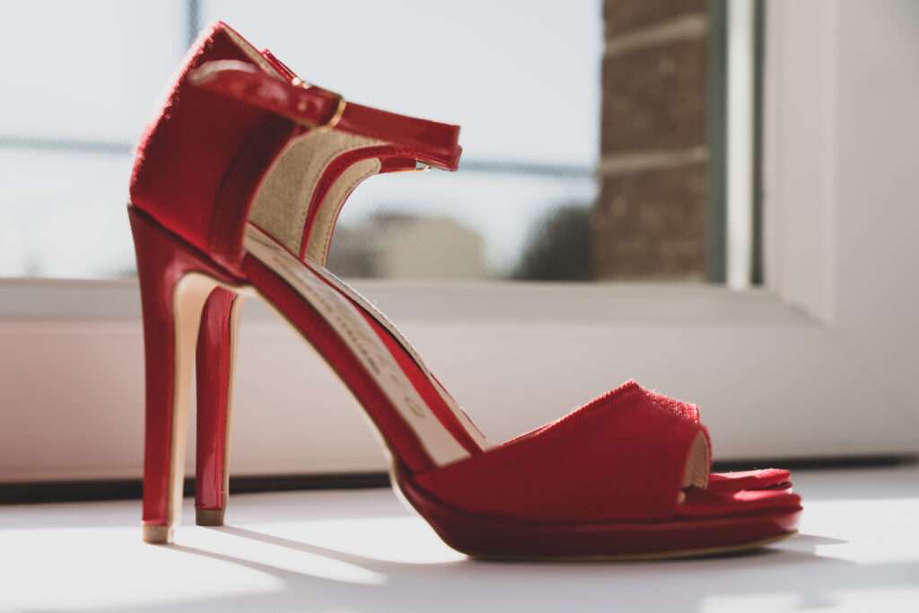 Red leather peep toe heeled sandals